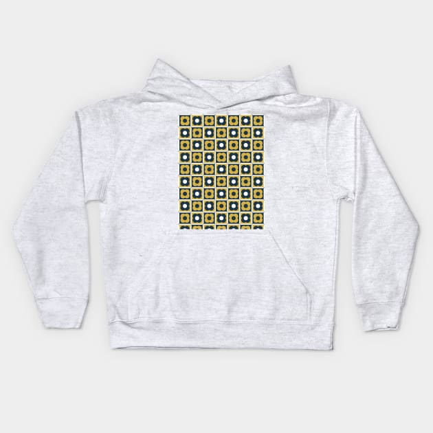 Retro Floral Checker Pattern Navy, Mustard Yellow Kids Hoodie by tramasdesign